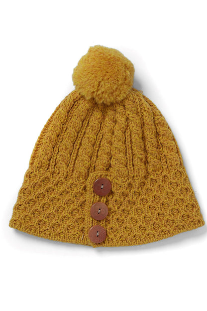 Aran Woollen Mills - B595 | wool hat with pompon and buttons