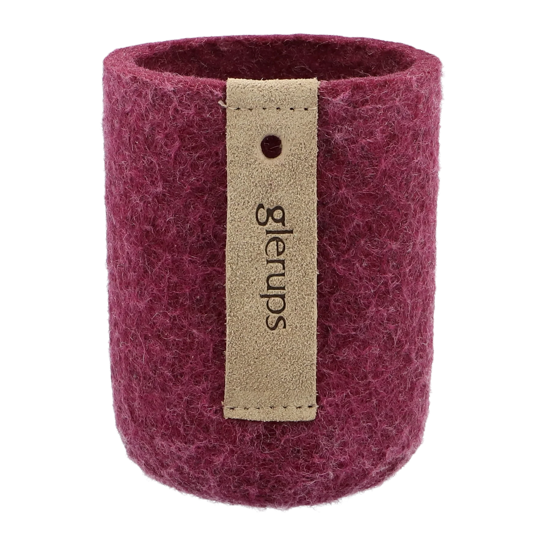 Rode Glerups bekerhouder van gevilte wol met leren label, getoond als duurzaam en stijlvol opbergaccessoire.