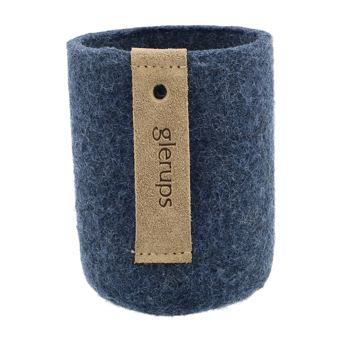 Donkerblauwe Glerups bekerhouder van gevilte wol met leren label, getoond als duurzaam en stijlvol opbergaccessoire.
