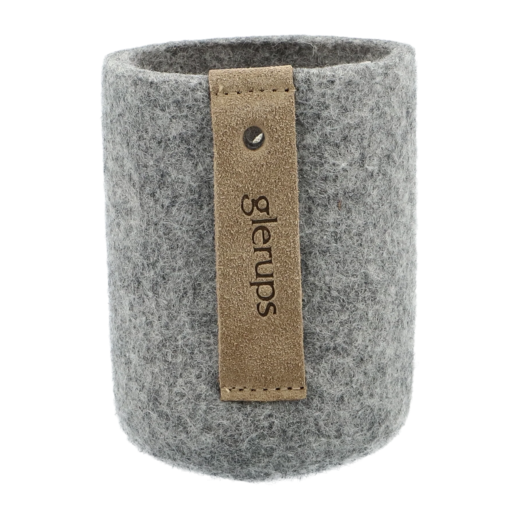 Grijzev Glerups bekerhouder van gevilte wol met leren label, getoond als duurzaam en stijlvol opbergaccessoire.