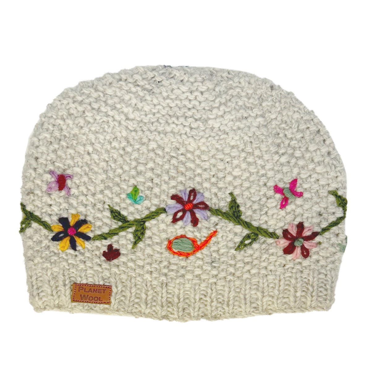 Planet Wool - Short flower hat | wollen muts met bloemen Off-white coloured flowers