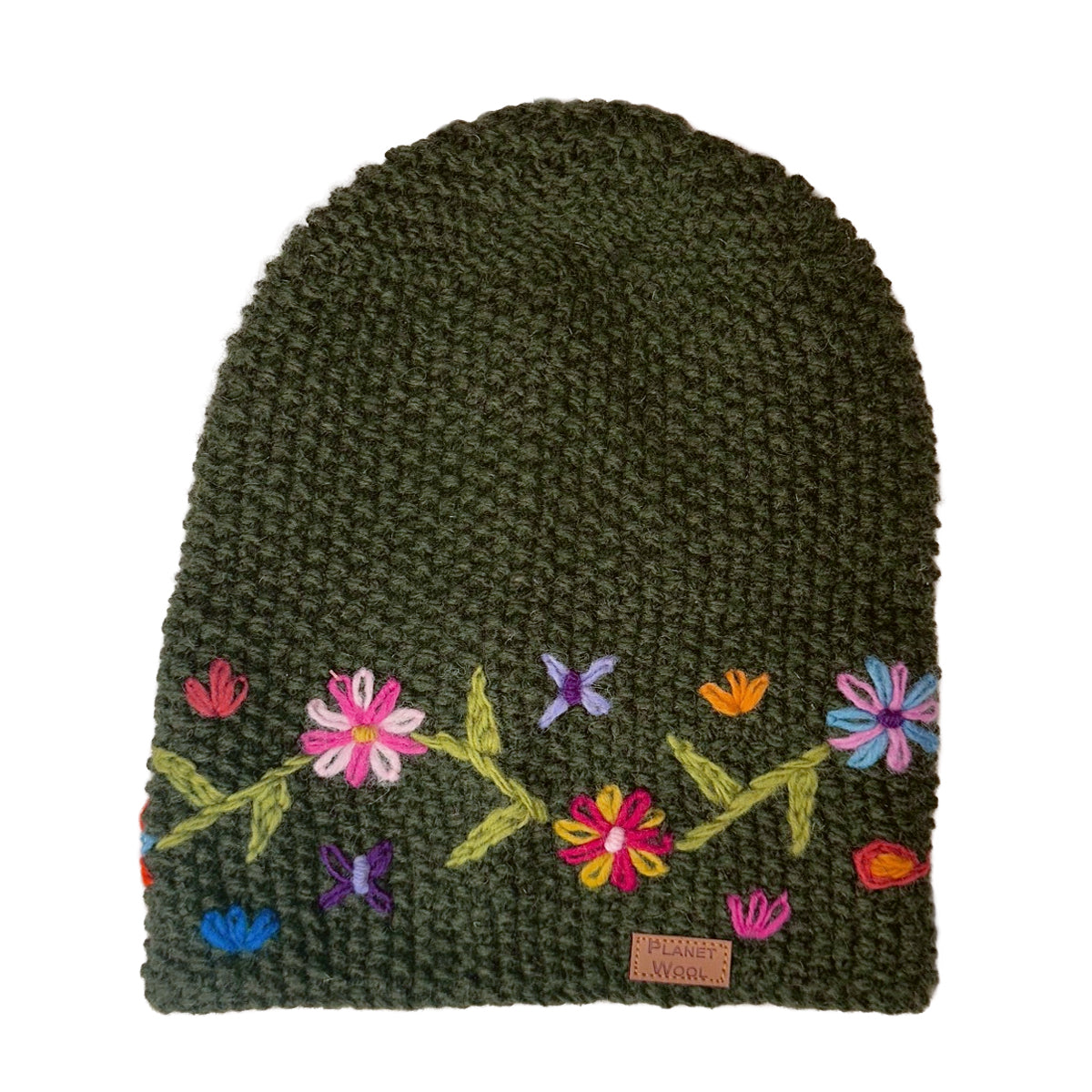 Planet wool - Long flower hat | wollen muts met bloemen Green