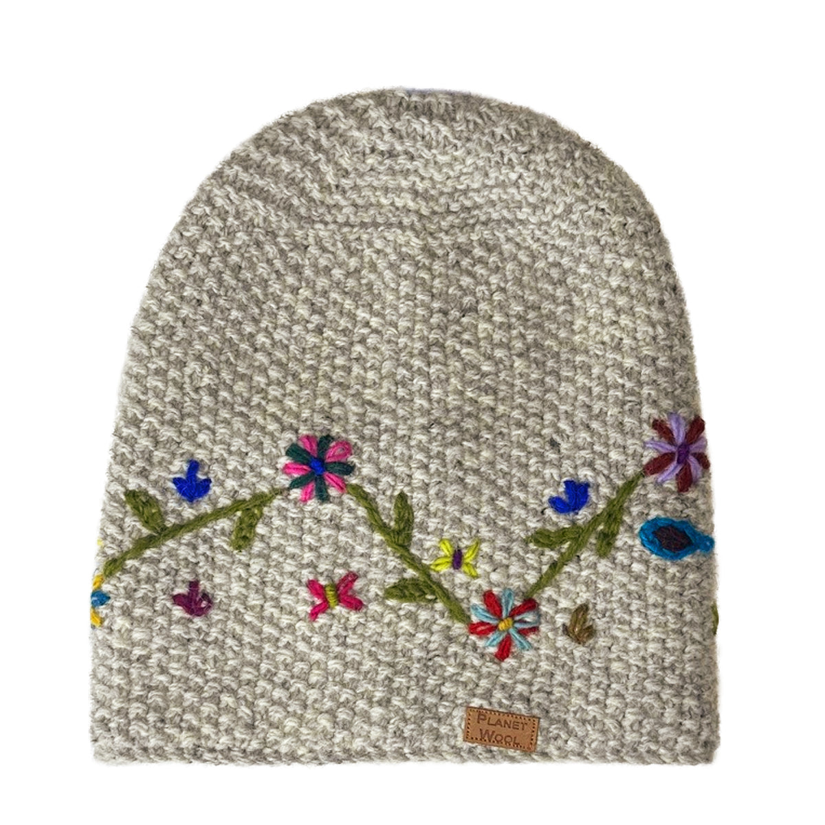 Planet wool - Long flower hat | wollen muts met bloemen Grey