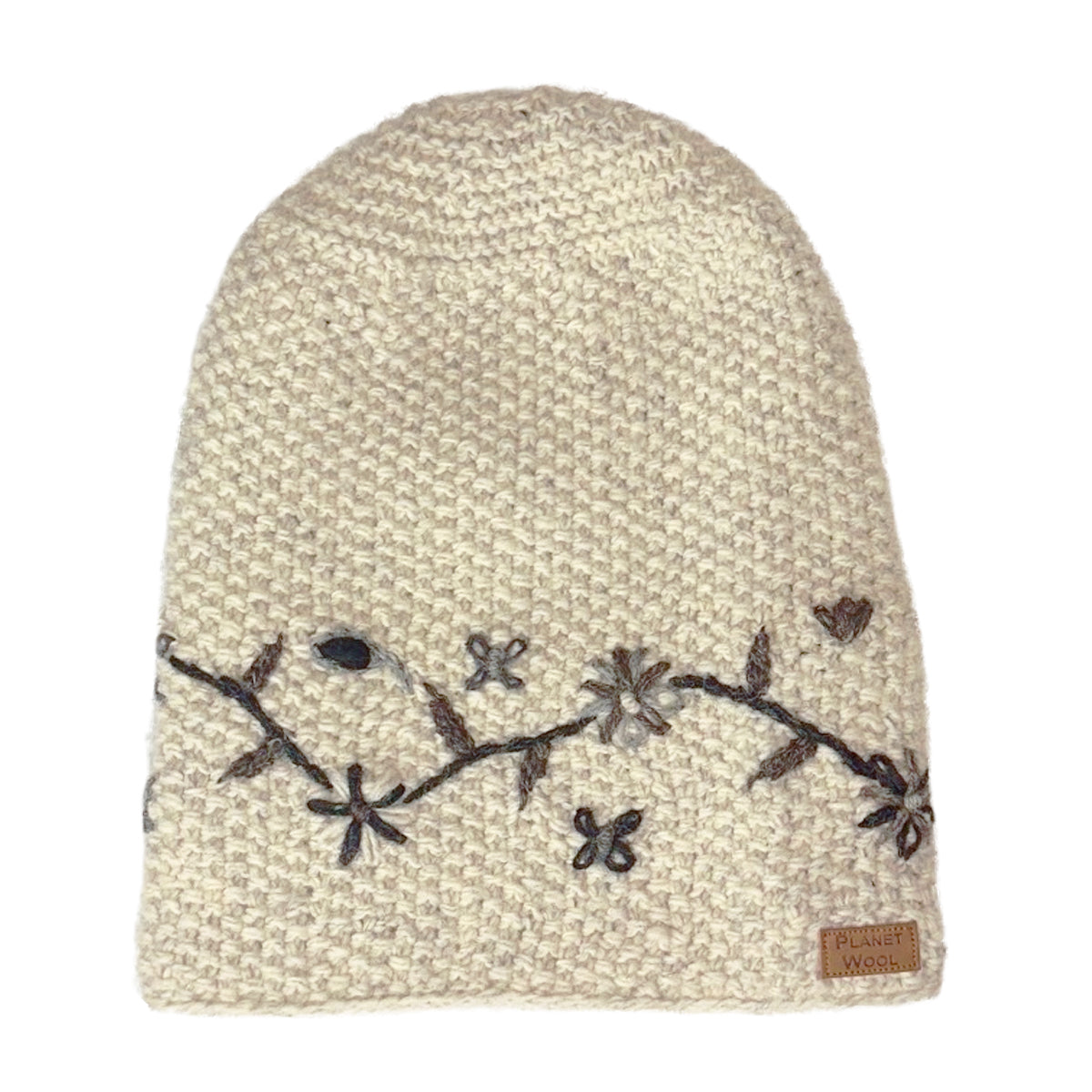 Planet wool - Long flower hat | wollen muts met bloemen Off-white black flowers