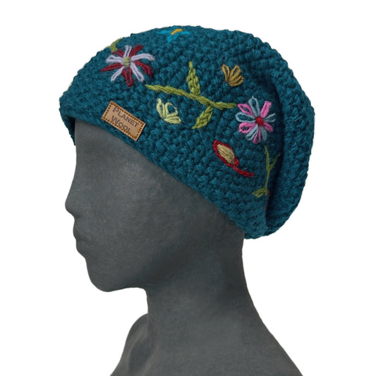Planet wool - Long flower hat | wollen muts met bloemen