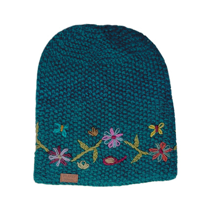 Planet wool - Long flower hat | wollen muts met bloemen Petrol