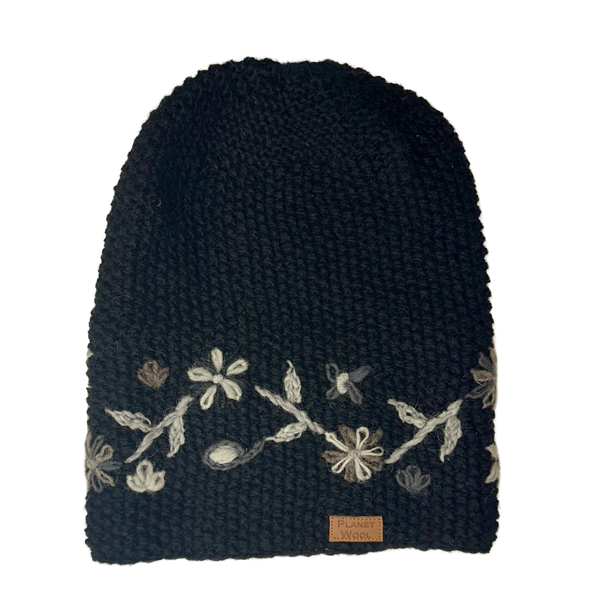 Planet wool - Long flower hat | wollen muts met bloemen Black white flowers