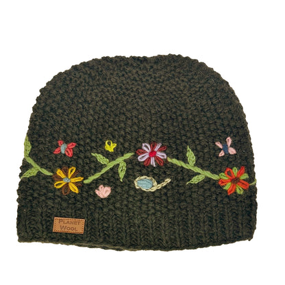 Planet Wool - Short flower hat | wollen muts met bloemen Green