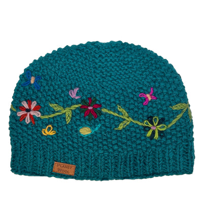 Planet Wool - Short flower hat | wollen muts met bloemen Petrol