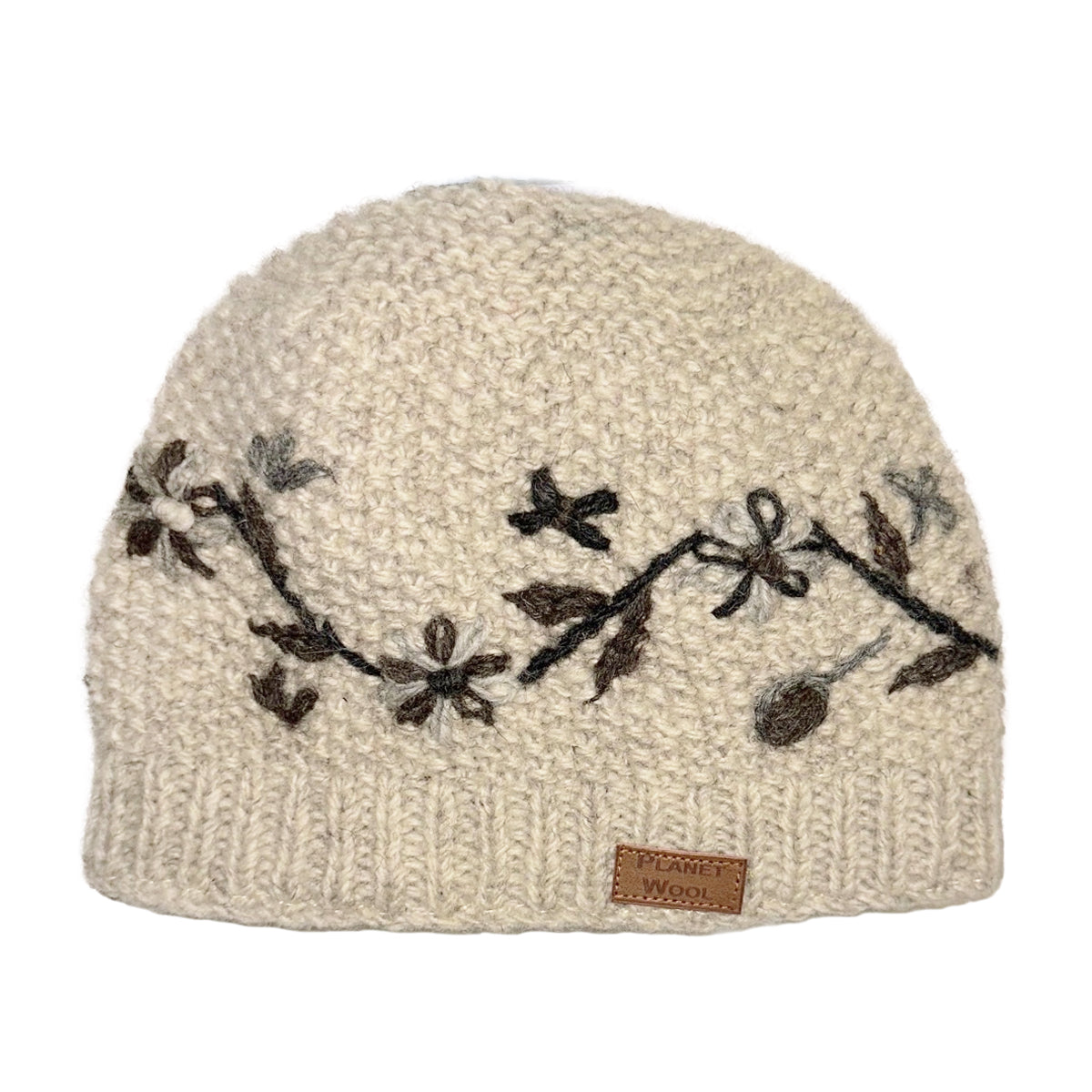 Planet Wool - Short flower hat | wollen muts met bloemen Off-white black flowers