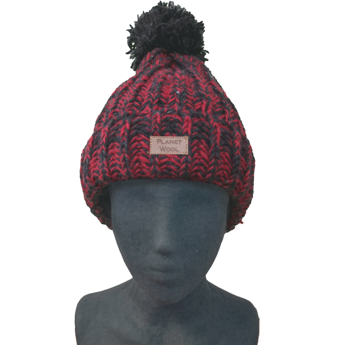 Planet Wool - Pompom hat | wollen muts met omslag Antra red