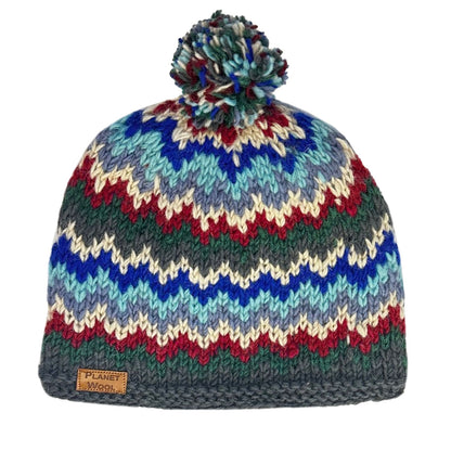 Planet Wool - Pompom hat Wave | wollen muts met fleecevoering Blue