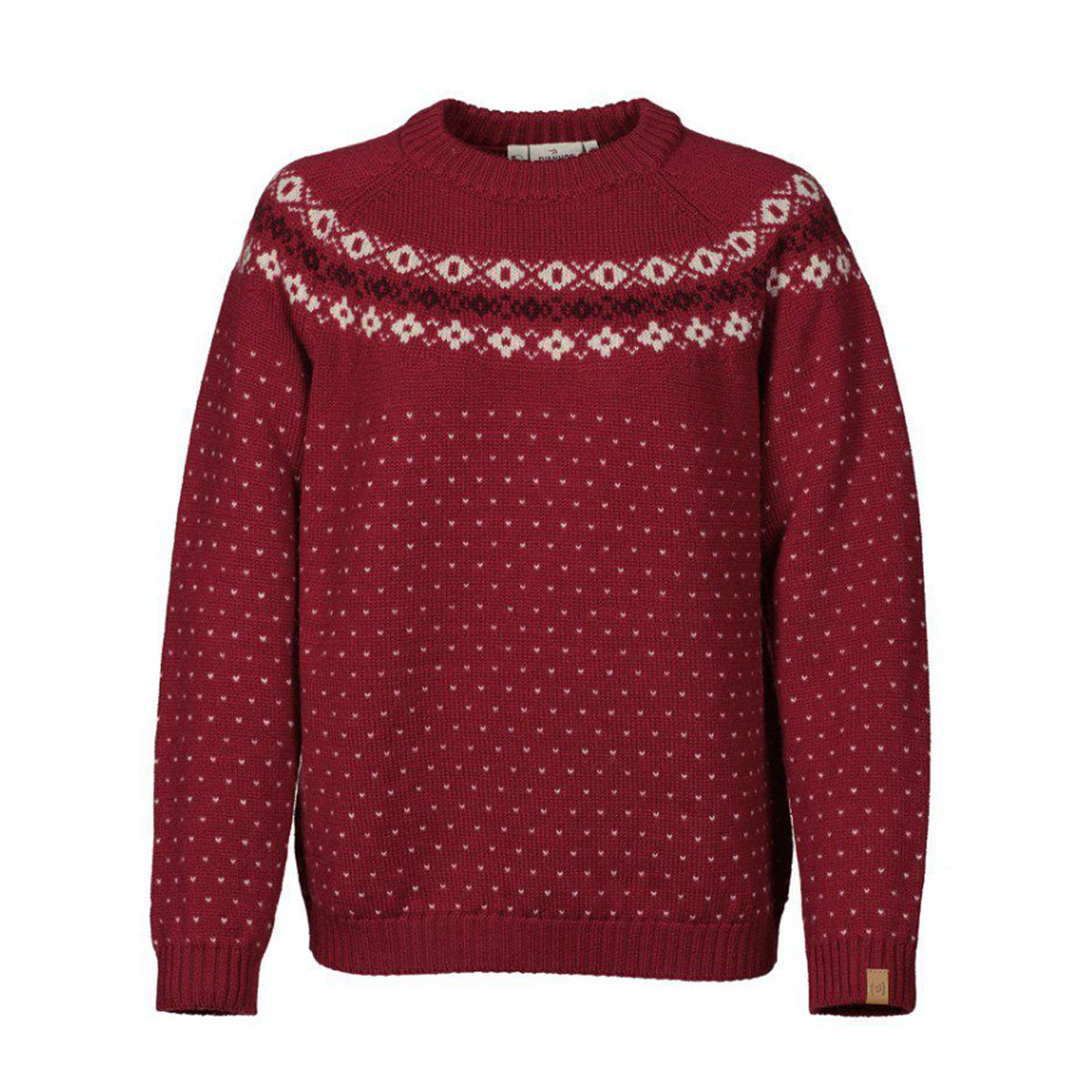 Rode damestrui van Ivanhoe of Sweden, 100% wol, met Scandinavisch patroon en ronde hals voor een klassieke winterlook.