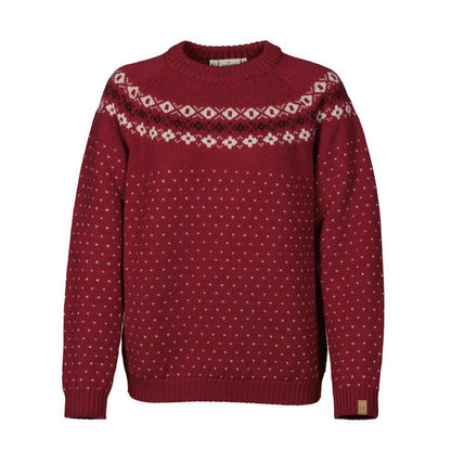 Rode damestrui van Ivanhoe of Sweden, 100% wol, met Scandinavisch patroon en ronde hals voor een klassieke winterlook.