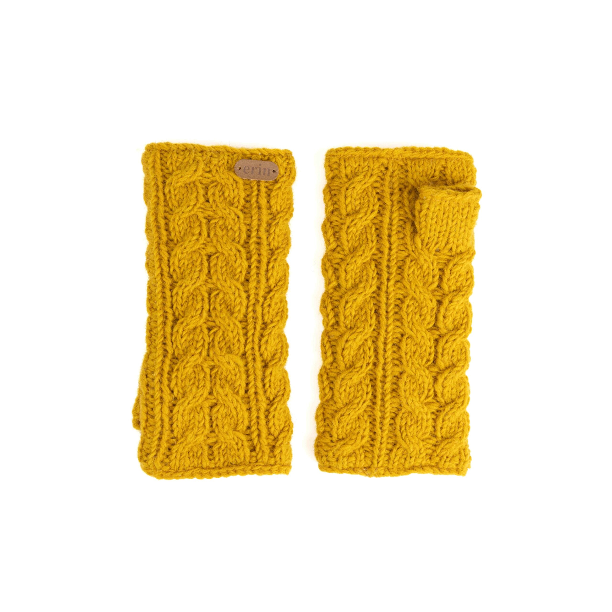 Erin Knitwear - Aran Cable handwarmers | polswarmers van wol Mustard