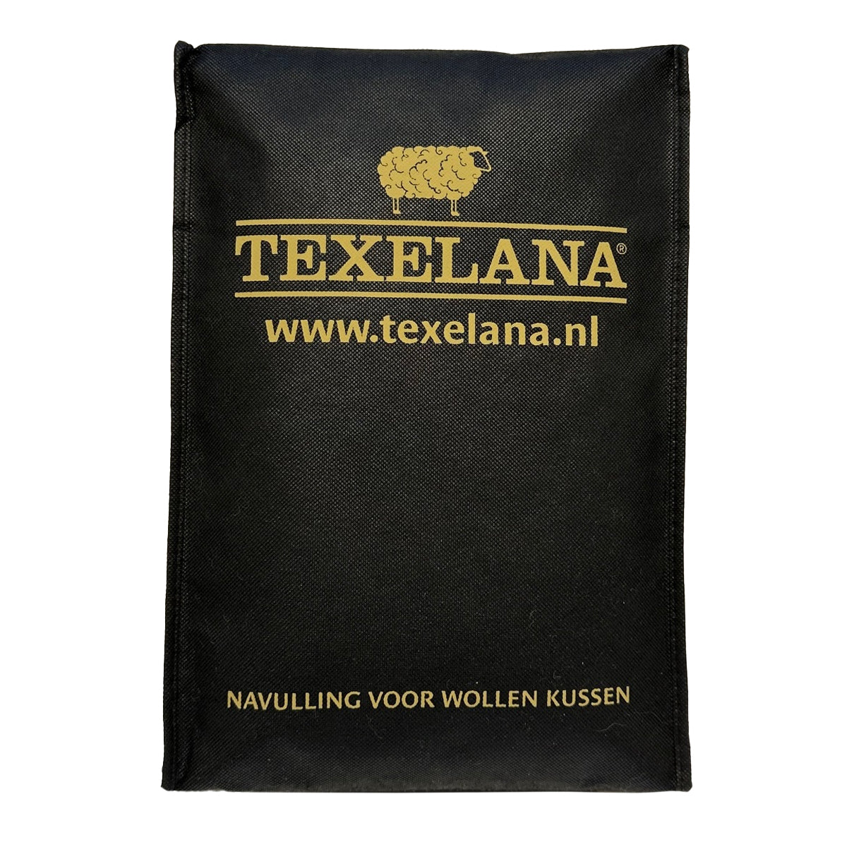 Zwarte Texelana-verpakking met 200 gram wolbolletjes als navulling voor wollen hoofdkussens.