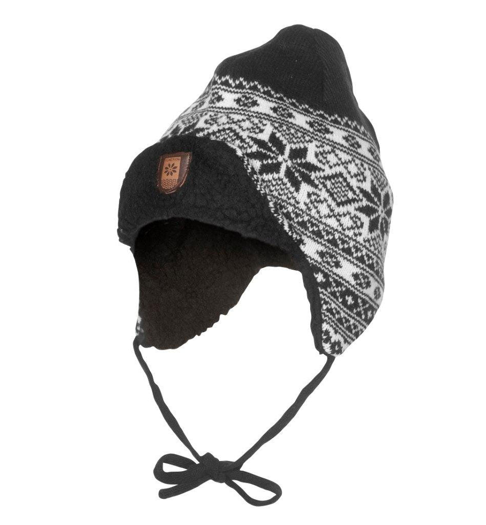 Bråtens - Snowflake hat ear flap | wollen muts met oorflappen Black white